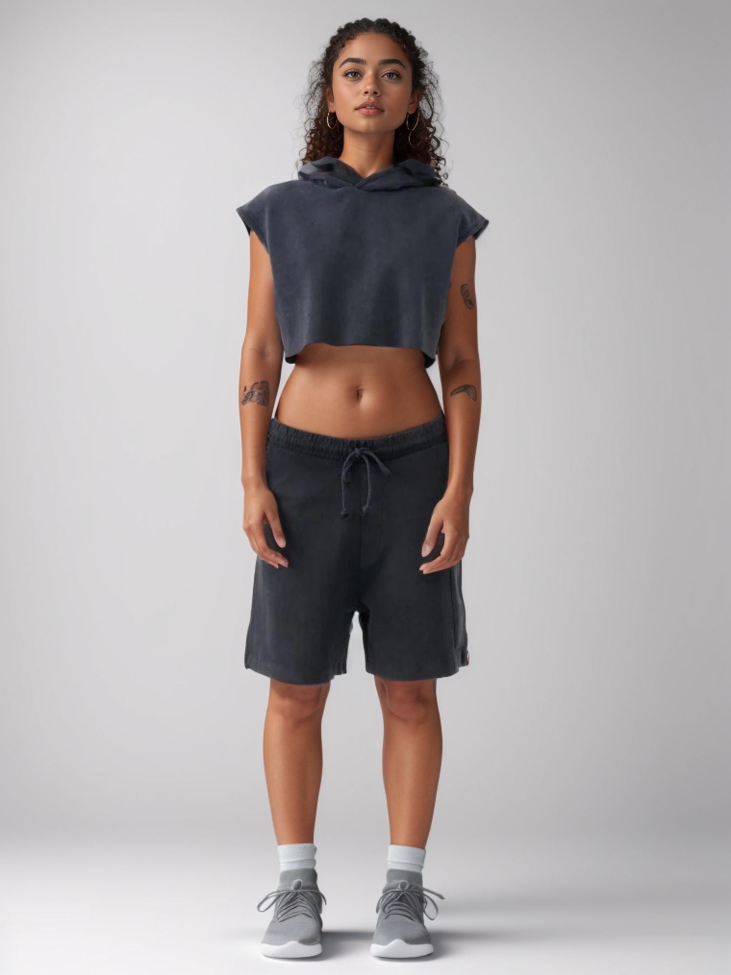 Sleeveless Cropped Hoodie Shorts Set | Distressed Athleisure