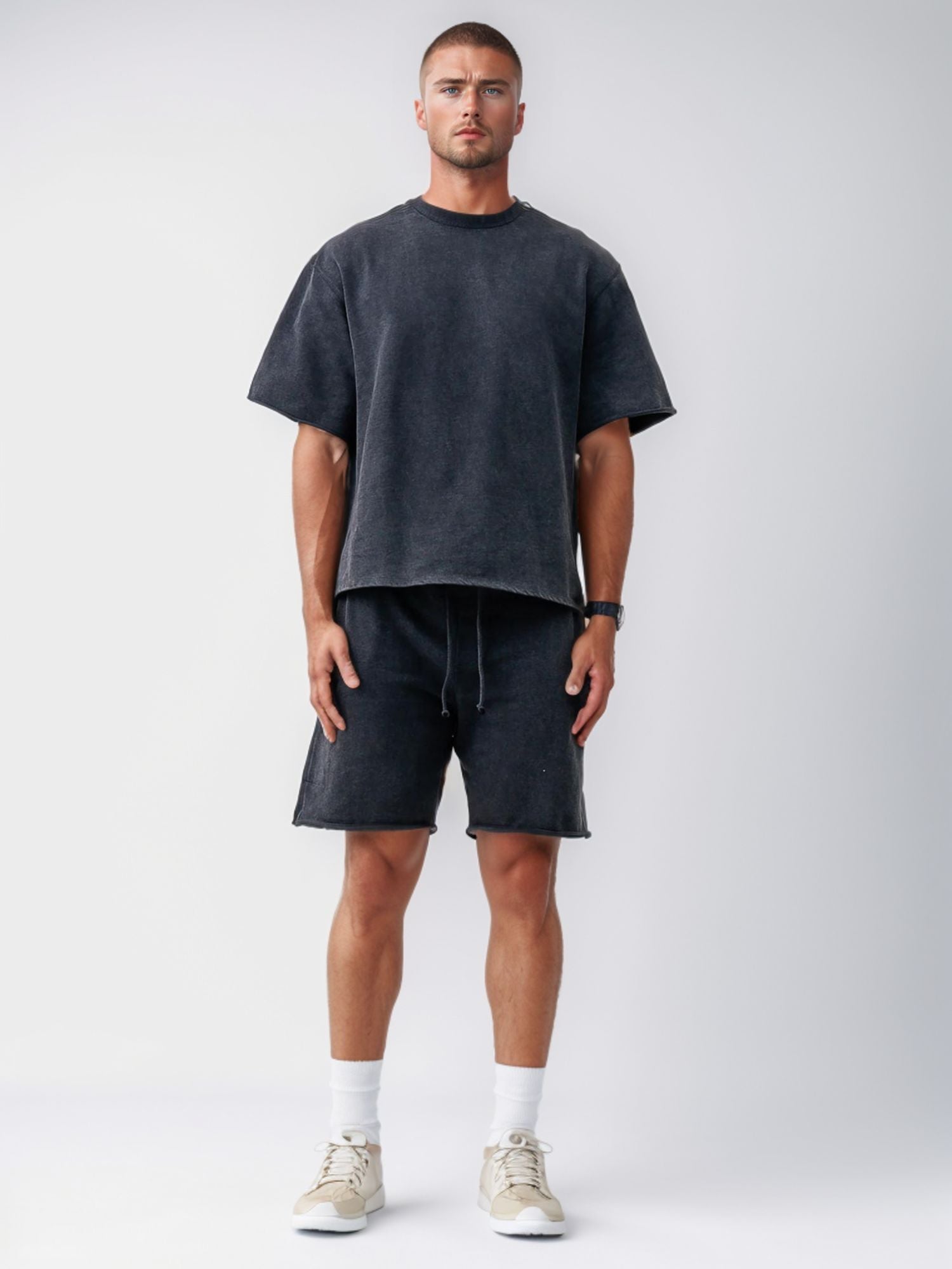 Men’s Distressed Cropped Tee Short Sets | Retro Urban Style